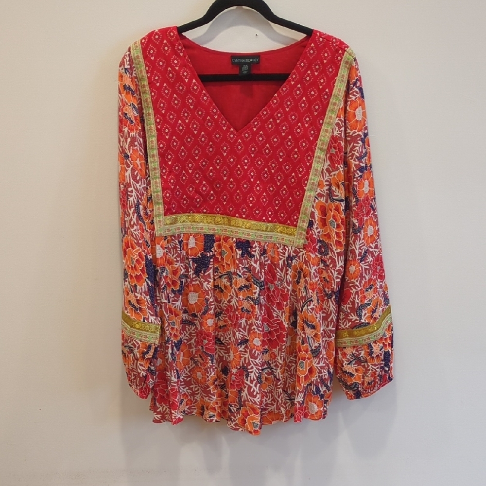 Boho Peasant Artsy Eclectic Maximalist Red Gold Flowy Cotton Floral Blouse (XXL)